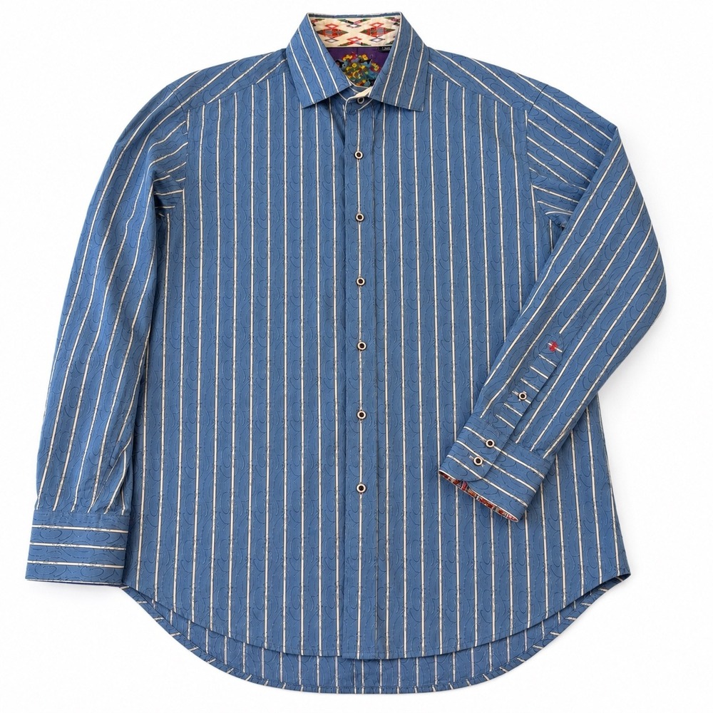 Robert Graham Mens Blue Striped Jacquard Long Sleeve Button Down Shirt Large